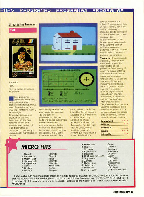 Ejemplar número 36 de Microhobby y pàgina dedicada a la review del programa.