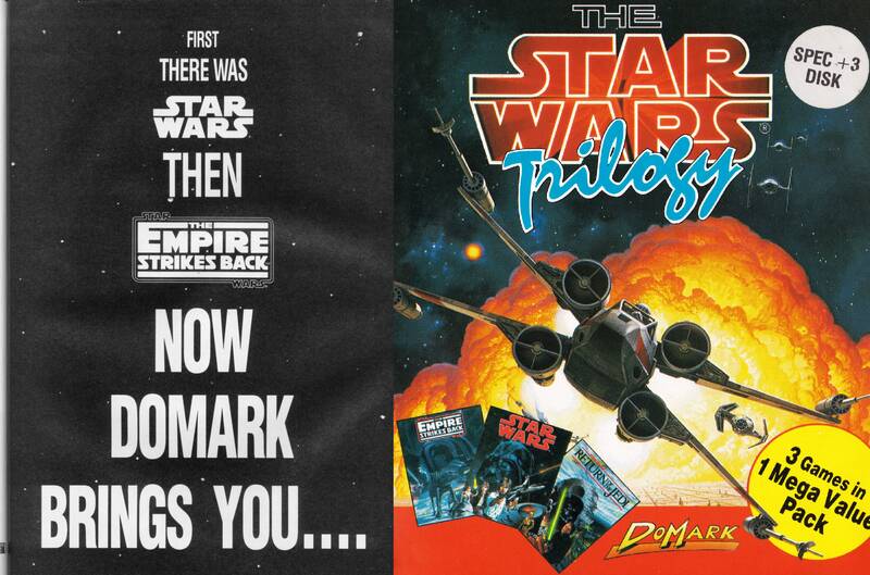 A la izquierda Domark poniendo los dientes largos anunciando la nueva secuela. A la derecha, carátula de la compilación Star Wars Trilogy