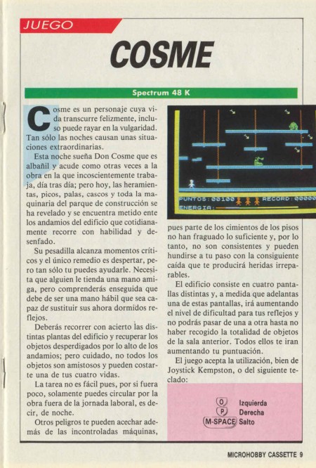 Diseño clásico de la revista con captura del juego, instrucciones y teclas de control