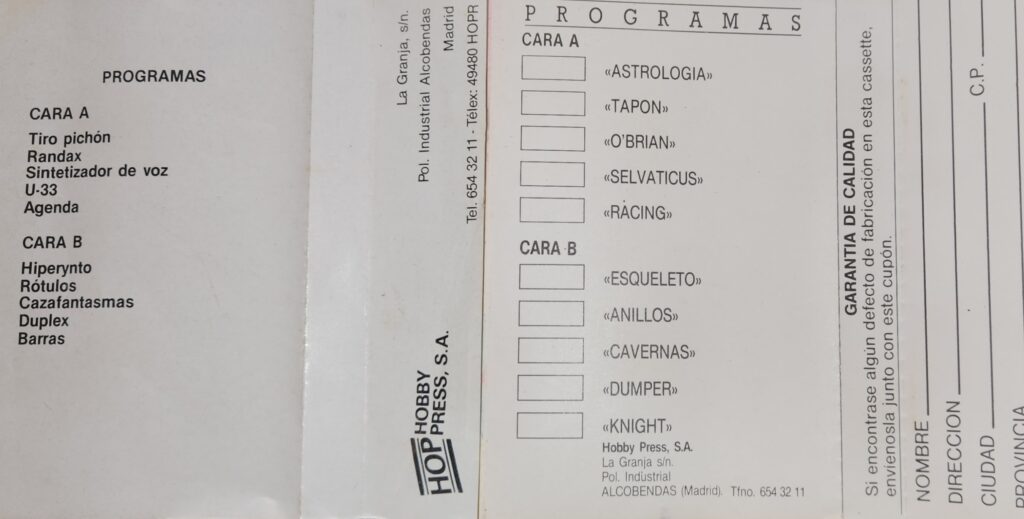 Unas cintas con 5 programas en cada una de sus caras requerían tener controlado el punto exacto de inicio
de aquellos que eran de nuestro interés. Aunque inicialmente no fue así (izquierda cinta número 1), se 
acabaría incorporando una casilla en el anverso de la carátula para indicar el punto exacto en el que cargar
cada título gracias al cuentavueltas de nuestro Computone o similar (derecha cinta número 12).