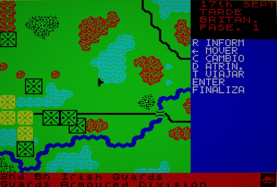 Pantalla de juego de Arnhem con una división clara entre la zona de acción y la de las opciones de juego