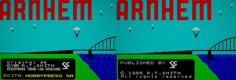 Pantalla de carga de Arnhem versión española versus versión británica. Los puentes y los paracaidistas eran los protagonistas de la acción sin lugar a dudas.