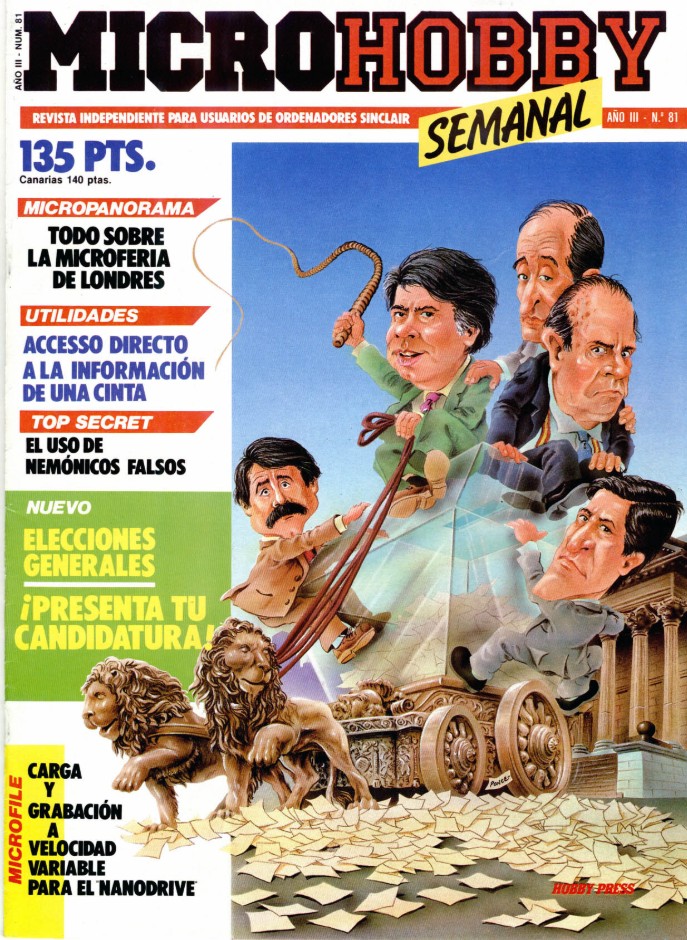 Portada de Microhobby protagonizada por Elecciones Generales, la apuesta por el producto propio por parte de Hobby Press fue clara